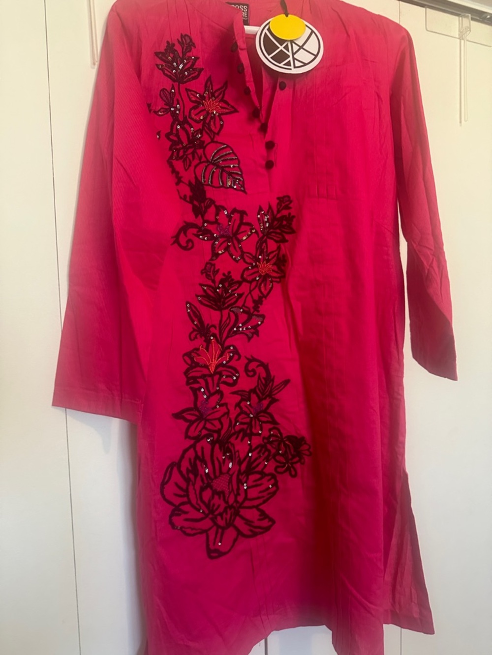 Fuchsia Tunic with Black Floral Embroidery